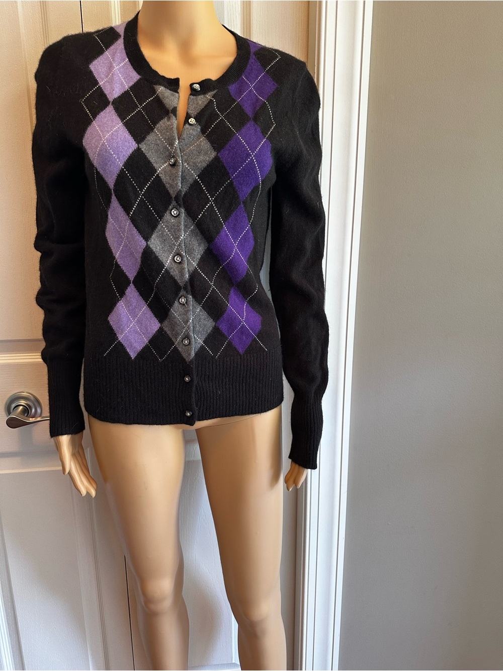 Black Cashmere Argyle Button-Up Sweater Cardigan - Purple & Gray Accents